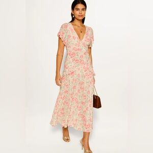 RIXO Evie Silk Dress in Tulip Fields Coral